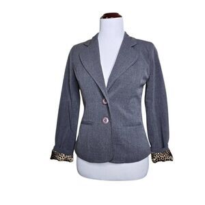 AGB Petite Gray Blazer Leopard Print Lining Career Jacket Size 6P